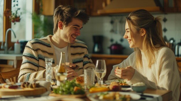 Photo couple having dinner at home