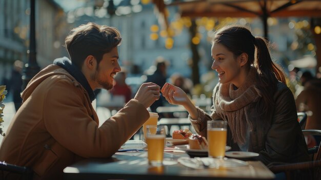 Photo couple having romantic lunch at an outdoor cafe handsome young man proposes to his beautiful loved one love goals and relationship goals for couples