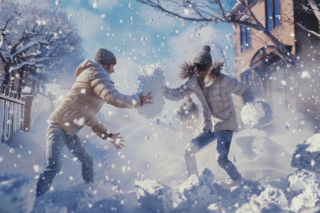 Couple having a snowball fight