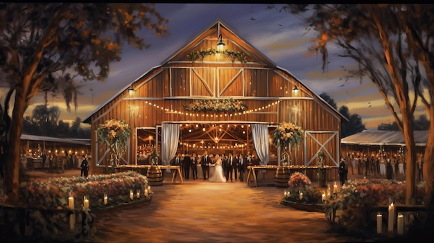 A couple having a wedding at a barn in the countryside