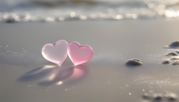 a couple of hearts are on the beach with the ocean in the background