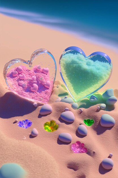 Premium Photo  Couple of glass hearts sitting on top of a sandy beach  generative ai