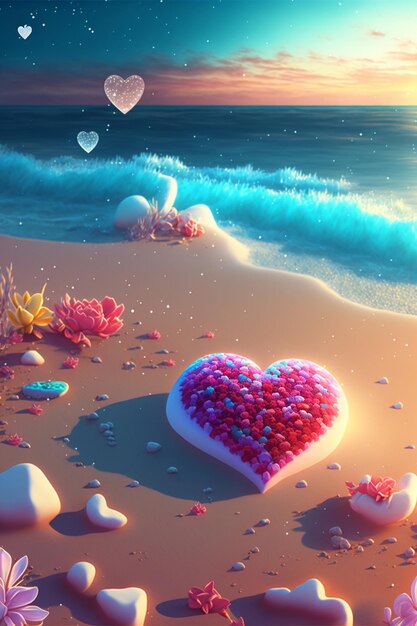 Couple of hearts sitting on top of a sandy beach generative ai