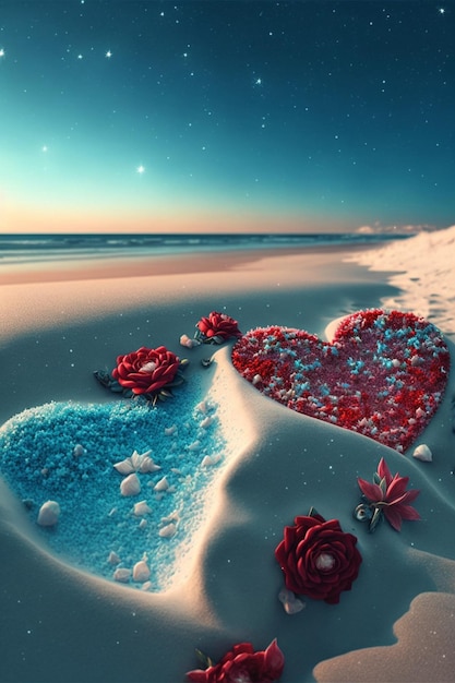 Couple of hearts sitting on top of a sandy beach generative ai