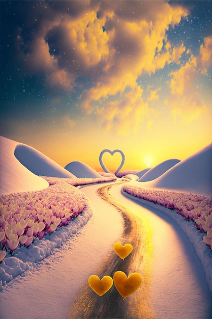 Photo couple of hearts sitting on top of a snow covered field generative ai