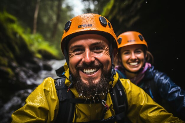 Couple of hiker taking selfie during trekking on the mountain Generative AI