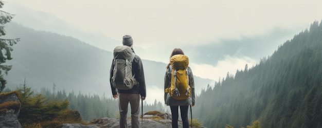 Couple of hikers enjoy nature view Hiking slow life and digital detox concept Contemplation of nature alone with your thoughts