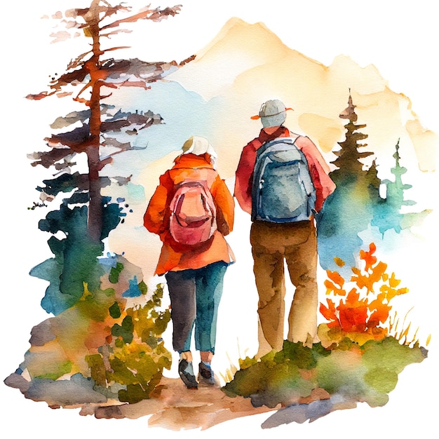 Couple of hikers on the trail in mountains Rear view Watercolor illustration isolated on white