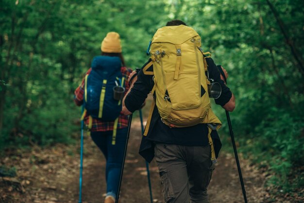 Couple of hikers using trekking poles and wearing\
backpacks