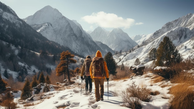 Couple of hikers walking in winter mountains Man and woman hiking in snowy weather