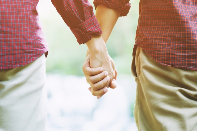 Couple hold hands in green field on sunset