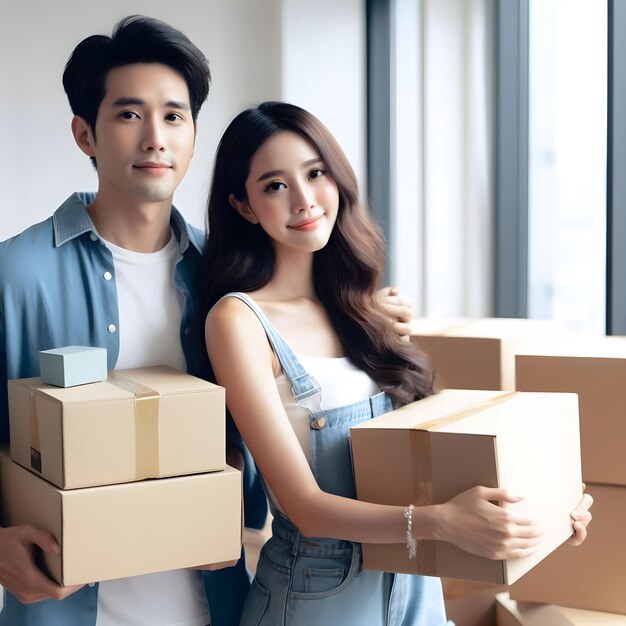 Couple holding boxes for moving out day