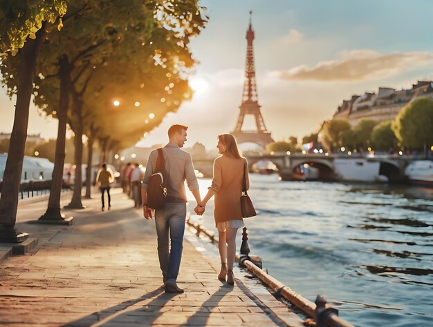 Foto una coppia che si tiene per mano mentre camminano lungo il fiume e la torre eiffel sullo sfondo