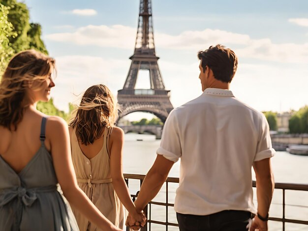 Foto una coppia che si tiene per mano mentre camminano lungo il fiume e la torre eiffel sullo sfondo