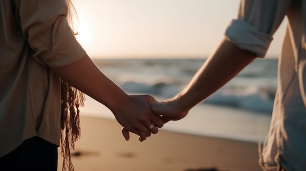 Couple holding hands on the beach