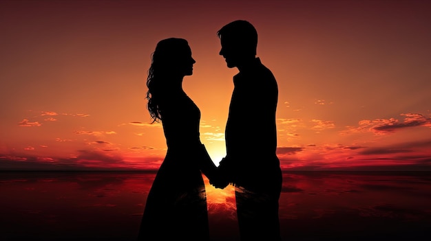 Couple holding hands facing each other at sunset silhouette concept