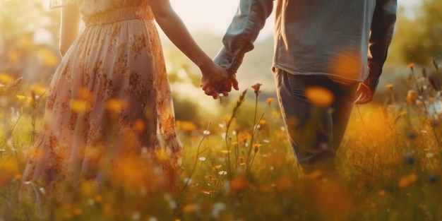 A couple holding hands in a field of flowers