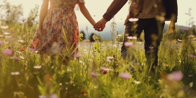 Image of Young couple holding hands in a field of flowers
