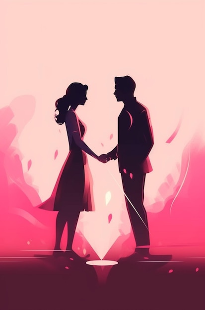 A couple holding hands in front of a pink background