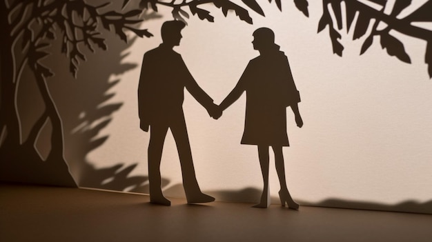 A couple holding hands in front of a tree