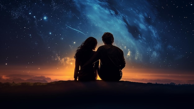 Пара держится за руки и смотрит на звездную ночь.