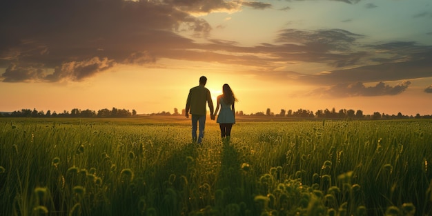 Couple holding hands in a green field at sunset