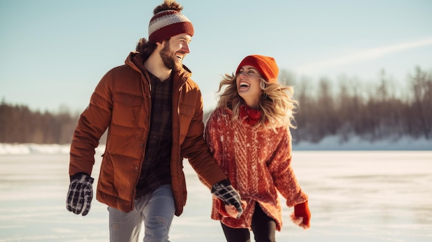 A couple holding hands and ice skating on a frozen lake with big smiles on their faces