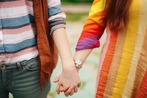 Foto una coppia che si tiene per mano, una delle quali indossa una maglietta a righe arcobaleno.