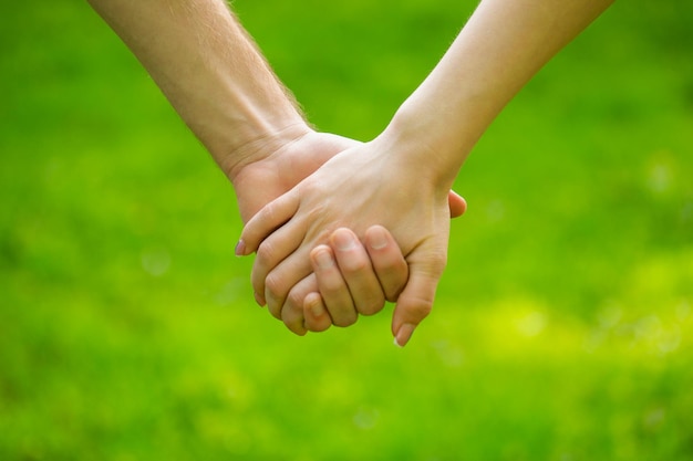 Couple holding hands in the Park Hold on hands couples Couple hold hand in the autumn or summer park Closeup of loving couples holding hands while walking Female and male hand together