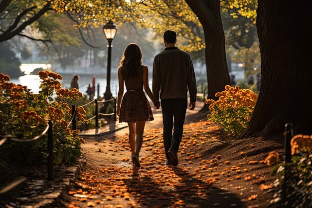 Couple holding hands strolls in a quiet park generative IA