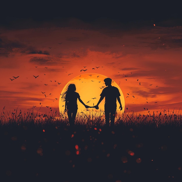 A couple holding hands during sunset