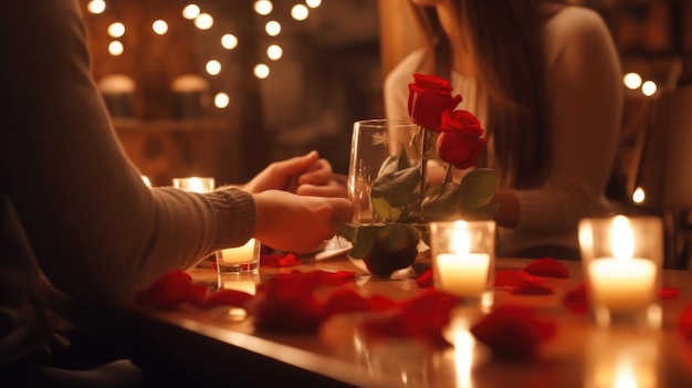 A couple holding hands at a table with candles and red roses