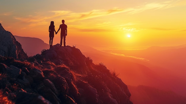 Couple holding hands at the top of a mountain