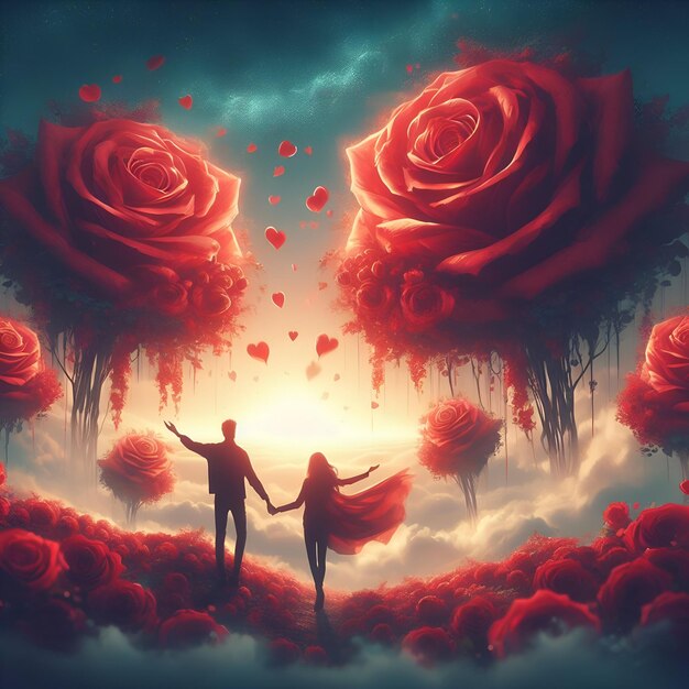 Photo couple holding hands up in the sky on valentines day in a fantasy world