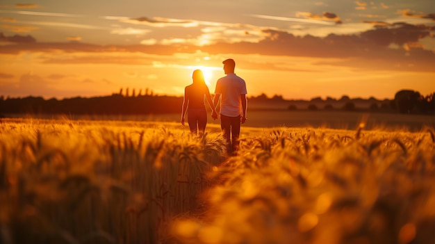 a couple holding hands and walking in a field of wheat at sunset
