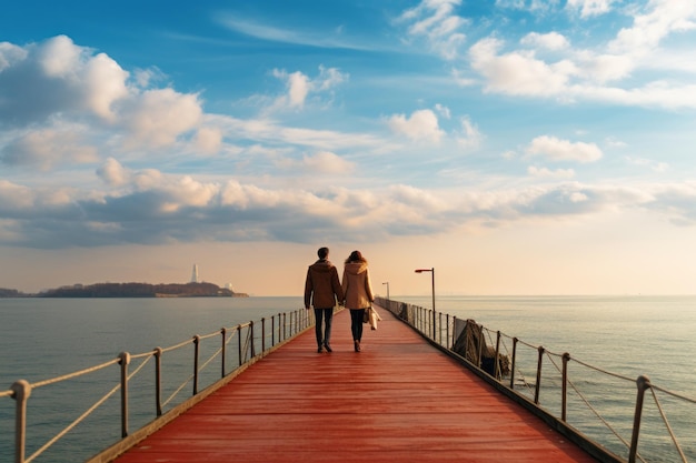 Couple Holding Hands While Strolling On Bridge Generative AI