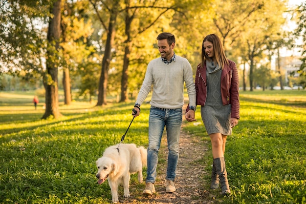 Пара держатся за руки во время прогулки с собакой в парке