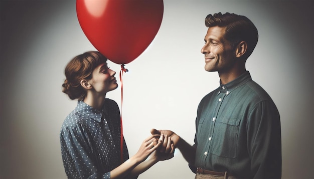 Couple holding hands with one of them holding a red balloon