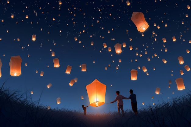 A couple holding a lantern with a little girl on it