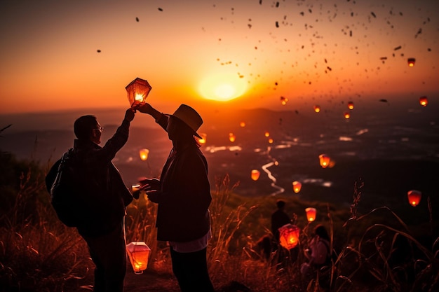 A couple holding lanterns at sunset with the sun setting behind them