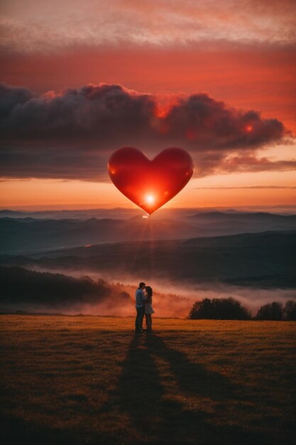 Фото Пара с красной формой сердца на фоне заката