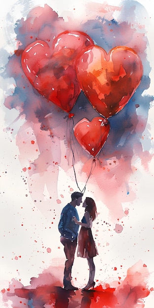 추상적인 화려한 수채화 배경에 빨간 하트 모양의 풍선을 들고 있는 커플