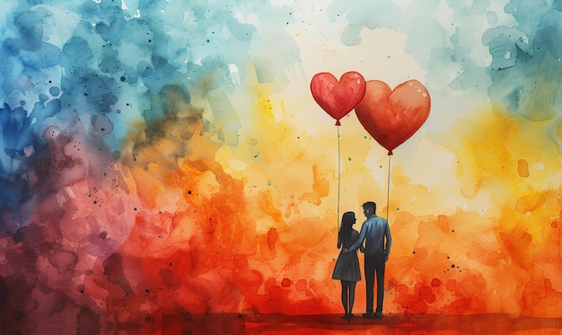추상적인 화려한 수채화 배경에 빨간 하트 모양의 풍선을 들고 있는 커플