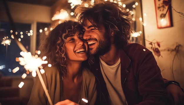 Photo couple holding sparkler in hand christmas and new year concept