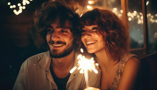 couple holding sparkler in hand christmas and new year concept