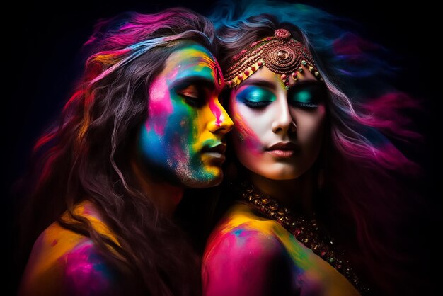 A couple in holi colours with a black background