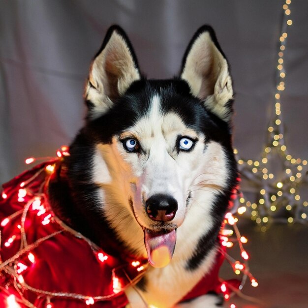 Photo couple at home during christmas enjoying their dog