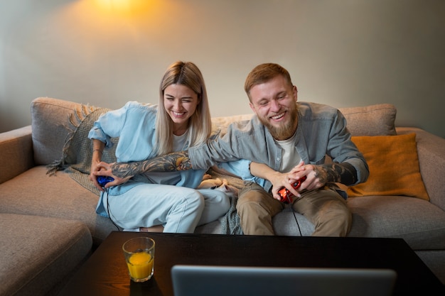 Photo couple at home spending time together