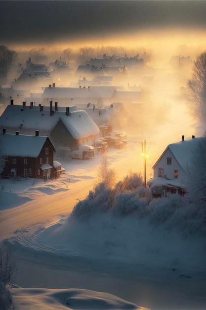 Couple of houses that are in the snow generative ai