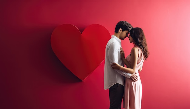 Couple hugging each other on the background of a red heart valentine's day concept